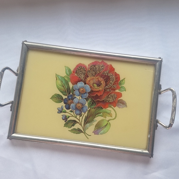 Vintage Other - 40s Reverse Painted Glass Vanity Floral Tray Vintage Stamped Germany US Zone